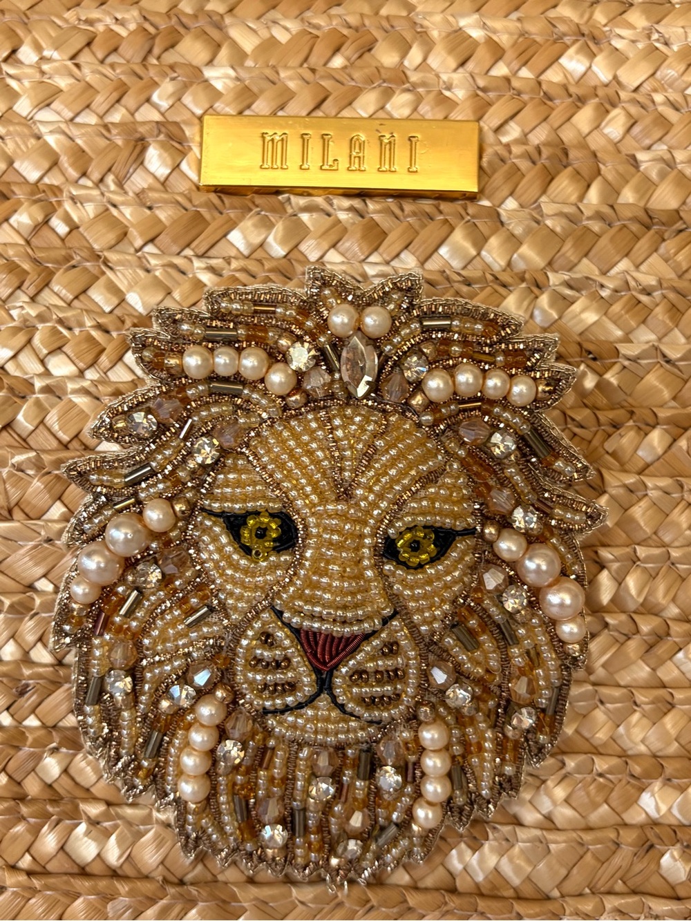 Milani Natural Straw Tote, Beaded Gold Lion Accent, Like New, 13x16 - Picture 4 of 12